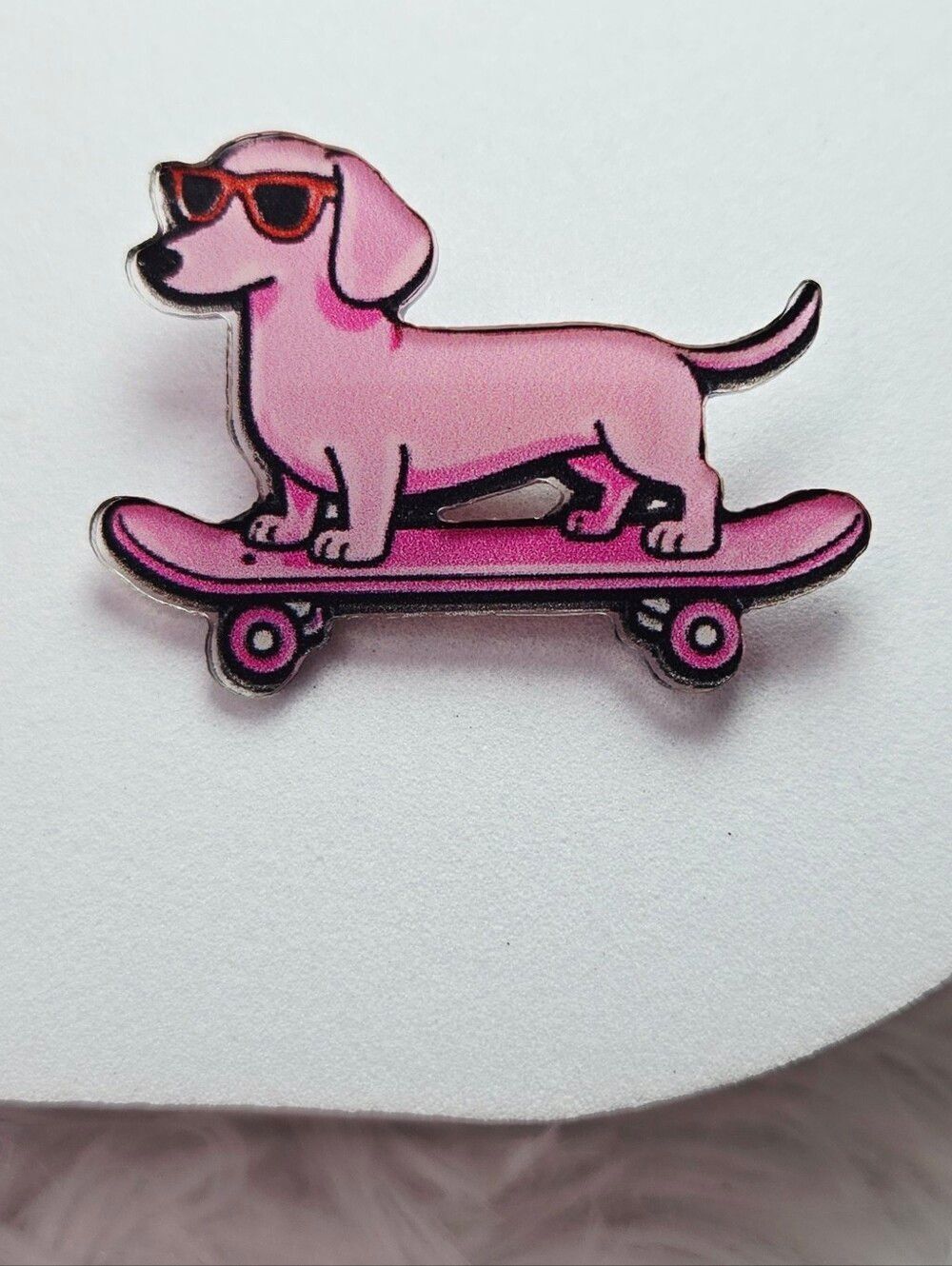 Dachshund Skateboard Lapel Pin Pink Wiener Dog Acrylic Pet Mom Novelty Skate